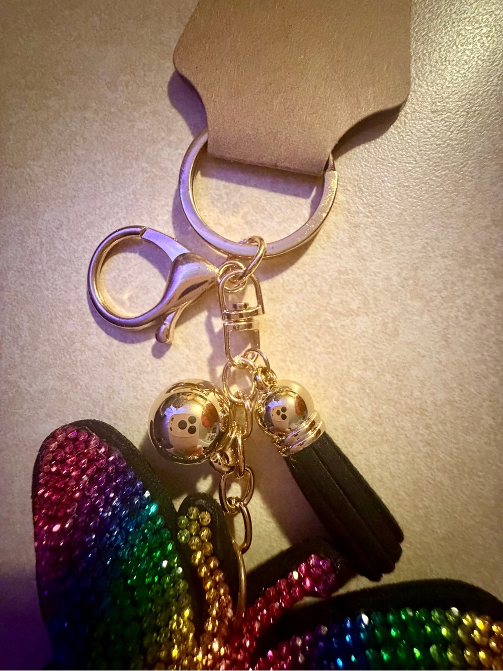 Fashion Jewelry Rainbow Rhinestone Butterfly Bag Charm Key Ring NWT - Picture 2 of 3